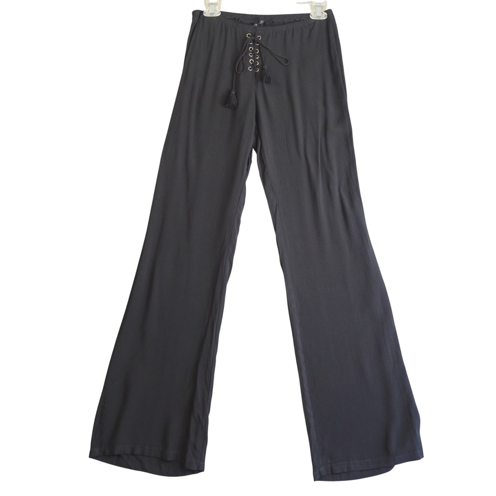 Black Wide Leg Lace Up Flowy Pants Womens XS Pull On Boho Festival Gypsy Beachy